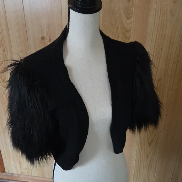 CAbi Black Sweater with Faux Fur Sleeves - Picture 6 of 7